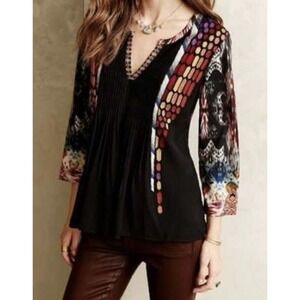 Ranna Gill Anthropologie Embroidered‎ Spectral Print Pleated Peasant Top Large